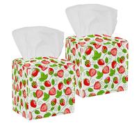 2PCS Square Tissue Box Cover, Summer Fruit Strawberries Leather Tissue Case Facial Paper Organizer Dispenser for Vanity Dresser Night Stand Table Countertop Office Car