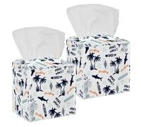 2PCS Square Tissue Box Cover, Summer Palm Tree Surfboard Shark Leather Tissue Case Facial Paper Organizer Dispenser for Vanity Toilet Tank Dresser Night Stand Table Countertop Office Car