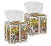 2PCS Square Tissue Box Cover, Sun and Concept of Strength Tarot Cards Illustration Leather Tissue Case Facial Paper Organizer Dispenser for Vanity Dresser Night Stand Table Countertop Office Car