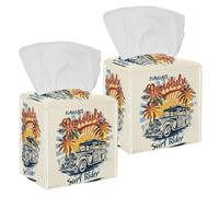 2PCS Square Tissue Box Cover, Sun Beach and Retro Woody Car Honolulu Palm Tree Leather Tissue Case Facial Paper Organizer Dispenser for Vanity Dresser Night Stand Table Countertop Office Car