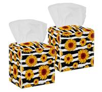 2PCS Square Tissue Box Cover, Sunflowers on a Striped Black and White Summer Pattern Leather Tissue Case Facial Paper Organizer Dispenser for Vanity Toilet Tank Dresser Night Stand Table Countertop