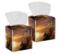 2PCS Square Tissue Box Cover, Sunset Ocean Sail Ship Leather Tissue Case Facial Paper Organizer Dispenser for Vanity Toilet Tank Dresser Night Stand Table Countertop Office Car