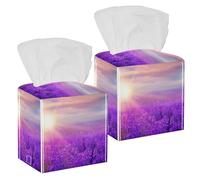 2PCS Square Tissue Box Cover, Sunset Over Violet Lavender Field in Provence France Leather Tissue Case Facial Paper Organizer Dispenser for Vanity Toilet Tank Dresser Night Stand Table Countertop