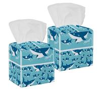 2PCS Square Tissue Box Cover, Swimming Shark Hungry Leather Tissue Case Facial Paper Organizer Dispenser for Vanity Toilet Tank Dresser Night Stand Table Countertop Office Car