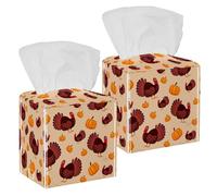 2PCS Square Tissue Box Cover, Thanksgiving Turkey Bird and Pumpkin Pattern Leather Tissue Case Facial Paper Organizer Dispenser for Vanity Toilet Tank Dresser Night Stand Table Countertop Office Car