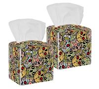 2PCS Square Tissue Box Cover, The Sate of Death Sugar Skulls Pattern Leather Tissue Case Facial Paper Organizer Dispenser for Vanity Toilet Tank Dresser Night Stand Table Countertop Office Car