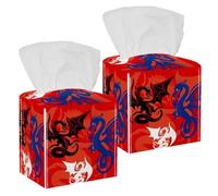 2PCS Square Tissue Box Cover, Three Dragons Red Leather Tissue Case Facial Paper Organizer Dispenser for Vanity Toilet Tank Dresser Night Stand Table Countertop Office Car