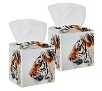 2PCS Square Tissue Box Cover, Tiger Animal Nature Painting Leather Tissue Case Facial Paper Organizer Dispenser for Vanity Toilet Tank Dresser Night Stand Table Countertop Office Car