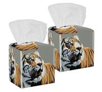 2PCS Square Tissue Box Cover, Tiger Animal Stare Teeth Wild Leather Tissue Case Facial Paper Organizer Dispenser for Vanity Toilet Tank Dresser Night Stand Table Countertop Office Car