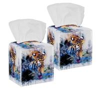2PCS Square Tissue Box Cover, Tiger Drink Animal Art Abstract Leather Tissue Case Facial Paper Organizer Dispenser for Vanity Toilet Tank Dresser Night Stand Table Countertop Office Car