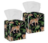2PCS Square Tissue Box Cover, Tiger Jungle Palm Tree Pattern Leather Tissue Case Facial Paper Organizer Dispenser for Vanity Toilet Tank Dresser Night Stand Table Countertop Office Car
