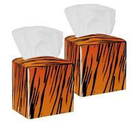 2PCS Square Tissue Box Cover, Tiger Stripe Leather Tissue Case Facial Paper Organizer Dispenser for Vanity Toilet Tank Dresser Night Stand Table Countertop Office Car