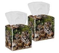 2PCS Square Tissue Box Cover, Tigers Leather Tissue Case Facial Paper Organizer Dispenser for Vanity Toilet Tank Dresser Night Stand Table Countertop Office Car