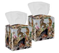 2PCS Square Tissue Box Cover, Tigers Painting Leather Tissue Case Facial Paper Organizer Dispenser for Vanity Toilet Tank Dresser Night Stand Table Countertop Office Car