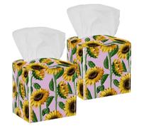 2PCS Square Tissue Box Cover, Toward The Sun Flowers Sunflowers Illustration Leather Tissue Case Facial Paper Organizer Dispenser for Vanity Toilet Tank Dresser Night Stand Table Countertop Office