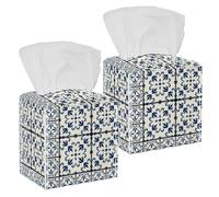 2PCS Square Tissue Box Cover, Traditional Azulejo Patterns Leather Tissue Case Facial Paper Organizer Dispenser for Vanity Toilet Tank Dresser Night Stand Table Countertop Office Car
