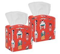 2PCS Square Tissue Box Cover, Traditional Japanese Cherry Blossom Flowers Cats Kawaii Pattern Leather Tissue Case Facial Paper Organizer Dispenser for Vanity Dresser Night Stand Table Countertop