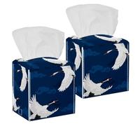 2PCS Square Tissue Box Cover, Traditional Japanese Cranes Pattern Leather Tissue Case Facial Paper Organizer Dispenser for Vanity Toilet Tank Dresser Night Stand Table Countertop Office Car