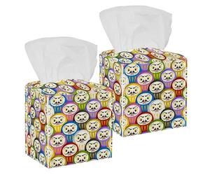 2PCS Square Tissue Box Cover, Traditional Japanese Daruma Dolls Pattern Leather Tissue Case Facial Paper Organizer Dispenser for Vanity Toilet Tank Dresser Night Stand Table Countertop Office Car