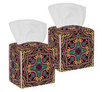 2PCS Square Tissue Box Cover, Traditional Ornamental Floral Mandala Pattern Leather Tissue Case Facial Paper Organizer Dispenser for Vanity Dresser Night Stand Table Countertop Office Car