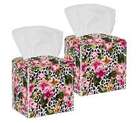 2PCS Square Tissue Box Cover, Tropical Flower with Leopard Background Pattern Leather Tissue Case Facial Paper Organizer Dispenser for Vanity Dresser Night Stand Table Countertop Office Car