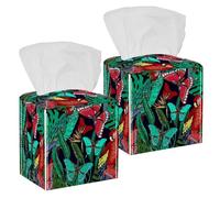 2PCS Square Tissue Box Cover, Tropical Flowers Plants Floral Parrots Butterflies Pattern Leather Tissue Case Facial Paper Organizer Dispenser for Vanity Dresser Night Stand Table Countertop