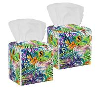 2PCS Square Tissue Box Cover, Tropical Forest Frog Green Leaves Wildlife Watercolor Leather Tissue Case Facial Paper Organizer Dispenser for Vanity Dresser Night Stand Table Countertop Office Car