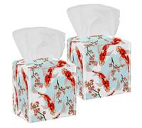 2PCS Square Tissue Box Cover, Tropical Japanese Flowers Koi Fish Leather Tissue Case Facial Paper Organizer Dispenser for Vanity Toilet Tank Dresser Night Stand Table Countertop Office Car