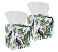 2PCS Square Tissue Box Cover, Tropical Japanese Flowers Wisteria Peacocks Pattern Leather Tissue Case Facial Paper Organizer Dispenser for Vanity Toilet Tank Dresser Night Stand Table Countertop