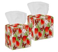 2PCS Square Tissue Box Cover, Tulip Butteriflies Leather Tissue Case Facial Paper Organizer Dispenser for Vanity Dresser Night Stand Table Countertop Office Car