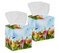 2PCS Square Tissue Box Cover, Tulip Flowers Butterflies Leather Tissue Case Facial Paper Organizer Dispenser for Vanity Toilet Tank Dresser Night Stand Table Countertop Office Car