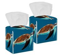 2PCS Square Tissue Box Cover, Turtle Sea Turtle Animal Underwater Leather Tissue Case Facial Paper Organizer Dispenser for Vanity Toilet Tank Dresser Night Stand Table Countertop Office Car