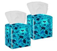 2PCS Square Tissue Box Cover, Turtle Swims Ocean Leather Tissue Case Facial Paper Organizer Dispenser for Vanity Toilet Tank Dresser Night Stand Table Countertop Office Car