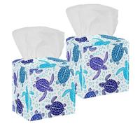 2PCS Square Tissue Box Cover, Turtles Silhouette Animal World Under Water Ocean Pattern Leather Tissue Case Facial Paper Organizer Dispenser for Vanity Dresser Night Stand Table Countertop Office Car
