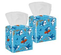 2PCS Square Tissue Box Cover, Underwater Cute Cartoon Sharks Fish Coral Pattern Leather Tissue Case Facial Paper Organizer Dispenser for Vanity Toilet Tank Dresser Night Stand Table Countertop Office