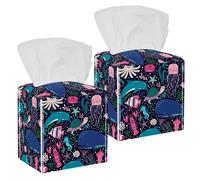2PCS Square Tissue Box Cover, Underwater Dolphin Whale Jelly Seaweed and Corals Pattern Leather Tissue Case Facial Paper Organizer Dispenser for Vanity Dresser Night Stand Table Countertop