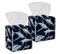 2PCS Square Tissue Box Cover, Underwater Sea Fish Shark Pattern Leather Tissue Case Facial Paper Organizer Dispenser for Vanity Toilet Tank Dresser Night Stand Table Countertop Office Car