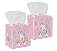 2PCS Square Tissue Box Cover, Unicorn Pop Art on The Pink Background Leather Tissue Case Facial Paper Organizer Dispenser for Vanity Toilet Tank Dresser Night Stand Table Countertop Office Car