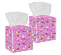 2PCS Square Tissue Box Cover, Unicorn Whale Ice Cream Cactus Watermelon Pattern Leather Tissue Case Facial Paper Organizer Dispenser for Vanity Toilet Tank Dresser Night Stand Table Countertop Office