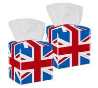 2PCS Square Tissue Box Cover, Union Jack British Flag Leather Tissue Case Facial Paper Organizer Dispenser for Vanity Toilet Tank Dresser Night Stand Table Countertop Office Car