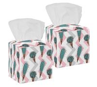 2PCS Square Tissue Box Cover, Unique Ice Cream Cactus Leather Tissue Case Facial Paper Organizer Dispenser for Vanity Toilet Tank Dresser Night Stand Table Countertop Office Car