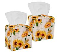 2PCS Square Tissue Box Cover, Vibrant Yellow Watercolor Sunflowers Old Letters Pattern Leather Tissue Case Facial Paper Organizer Dispenser for Vanity Dresser Night Stand Table Countertop Office Car
