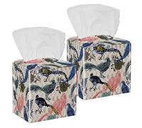 2PCS Square Tissue Box Cover, Vintage Birds Flowers Floral Plant and Pheasants Pattern Leather Tissue Case Facial Paper Organizer Dispenser for Vanity Dresser Night Stand Table Countertop Office Car