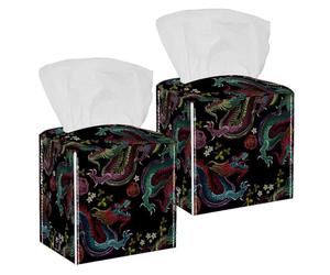 2PCS Square Tissue Box Cover, Vintage Chinese Dragons and Flowers Pattern Leather Tissue Case Facial Paper Organizer Dispenser for Vanity Toilet Tank Dresser Night Stand Table Countertop Office Car