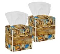 2PCS Square Tissue Box Cover, Vintage Collage European Travel Leather Tissue Case Facial Paper Organizer Dispenser for Vanity Toilet Tank Dresser Night Stand Table Countertop Office Car