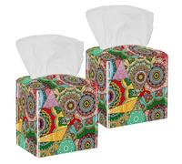 2PCS Square Tissue Box Cover, Vintage Indian Tribe Mandalas Floral Flowers Pattern Leather Tissue Case Facial Paper Organizer Dispenser for Vanity Toilet Tank Dresser Night Stand Table Countertop