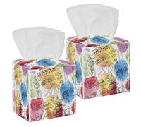 2PCS Square Tissue Box Cover, Vintage Japan Traditional Watercolor Pattern Leather Tissue Case Facial Paper Organizer Dispenser for Vanity Toilet Tank Dresser Night Stand Table Countertop Office Car