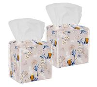2PCS Square Tissue Box Cover, Vintage Japanese Blooming Flowers Branches Leaves and Birds Leather Tissue Case Facial Paper Organizer Dispenser for Vanity Dresser Night Stand Table Countertop
