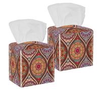 2PCS Square Tissue Box Cover, Vintage Mandalas Indian Pattern Leather Tissue Case Facial Paper Organizer Dispenser for Vanity Toilet Tank Dresser Night Stand Table Countertop Office Car