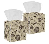 2PCS Square Tissue Box Cover, Vintage Manuscript Caravels Wind Rose Manuscript Pattern Leather Tissue Case Facial Paper Organizer Dispenser for Vanity Toilet Tank Dresser Night Stand Table Countertop